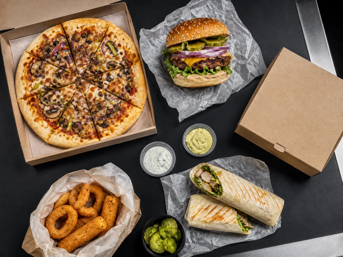 Pizza, Burger, Wraps und Fingerfood für eine gemeinsame Bestellung