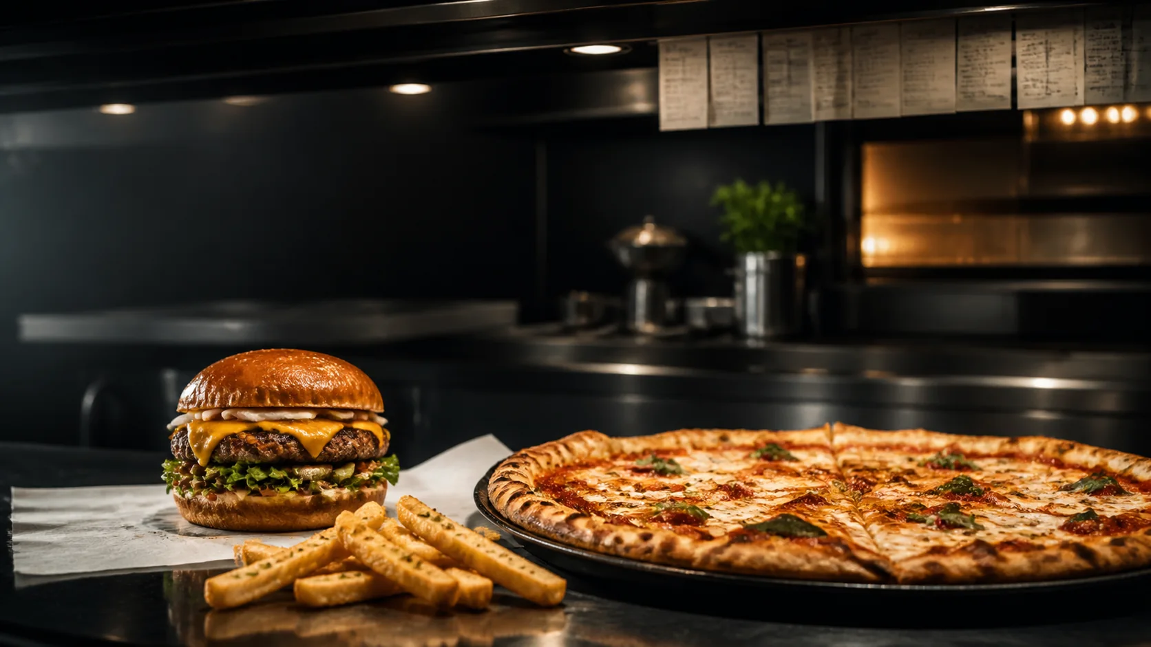 Pizza, Burger und Pommes vor einer dunklen Restaurantküche